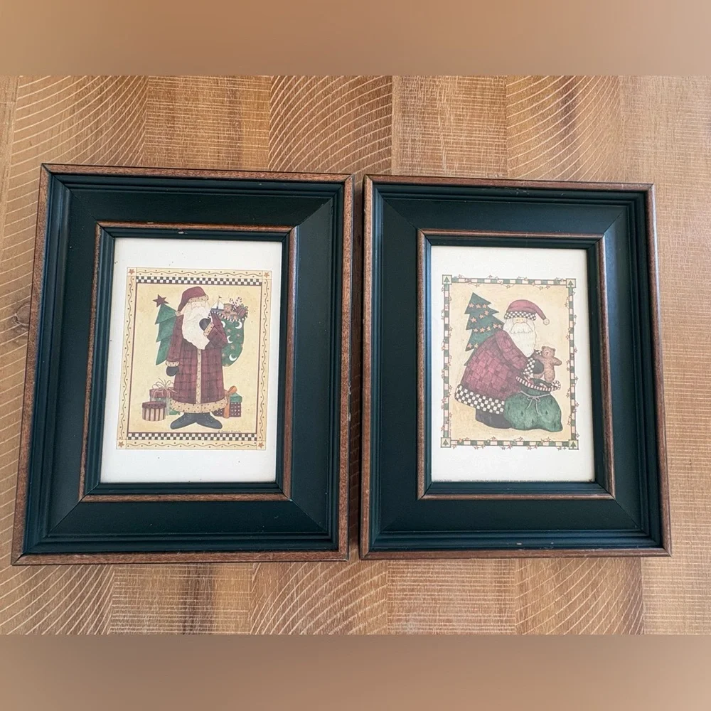 Vtg Folk Art Santa Claus Prints by Debbie Mumm 1990's Dark Green Wood Frame (2)